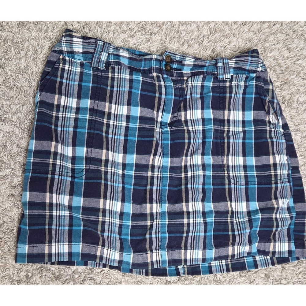 St Johns Bay Petite Skirt 8P Blue Plaid Stretch Cotton Cargo Pockets Casual Mini